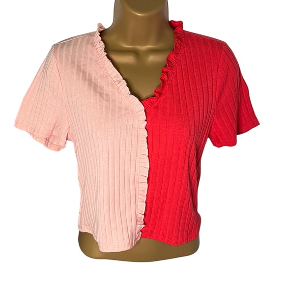 Mi Ami Francesca’s Crop Top Ruffle Lettuce Hem Colorblock Pink Red L - Picture 1 of 3